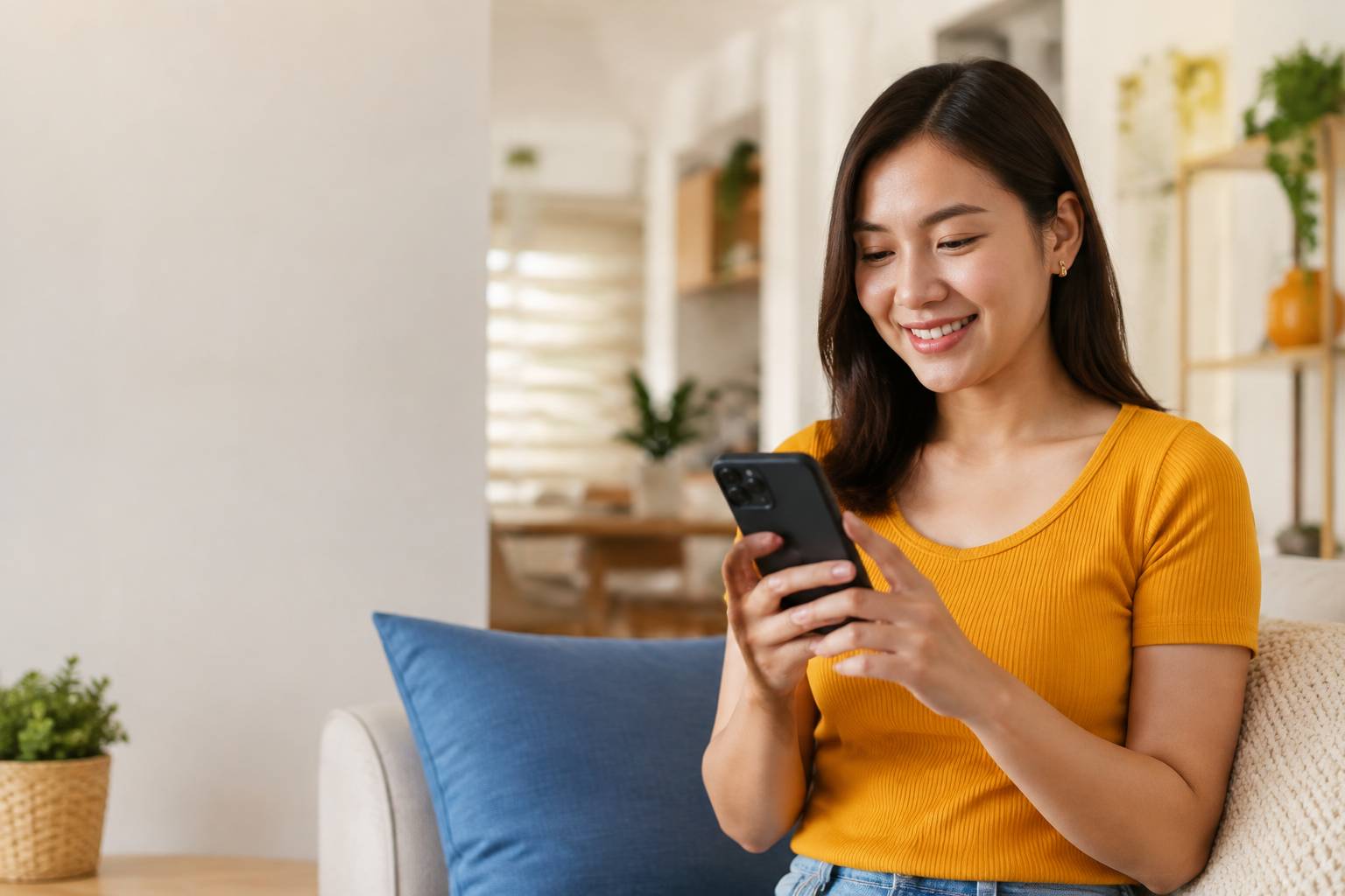 A Filipina customer using her phone to book a local service